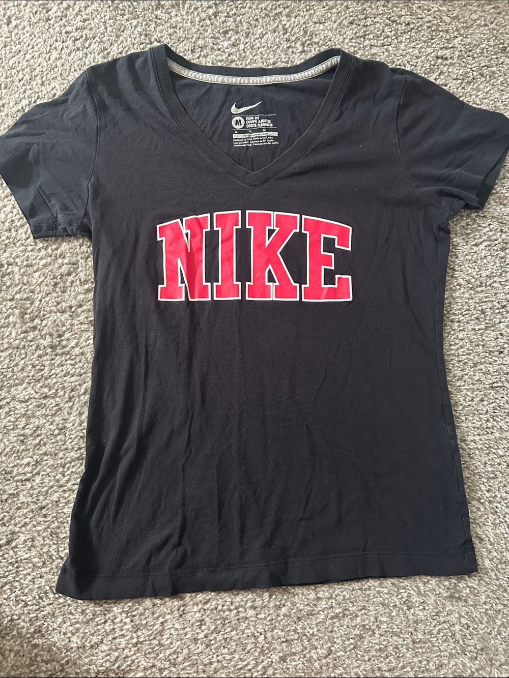 Nike Black V‑Neck Tee with Red NIKE Chest Logo